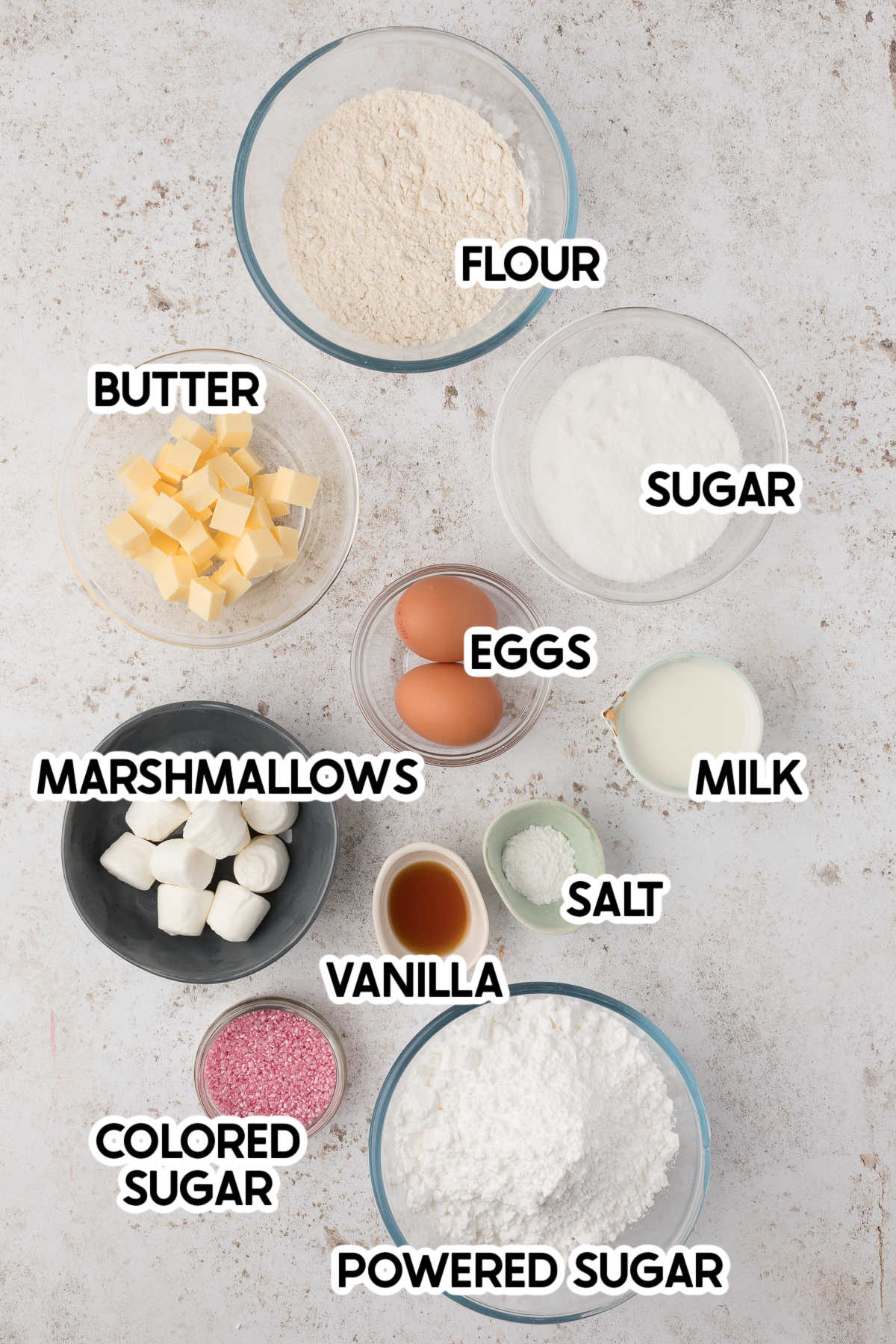 ingredients for Easter bunny cupcakes with labels