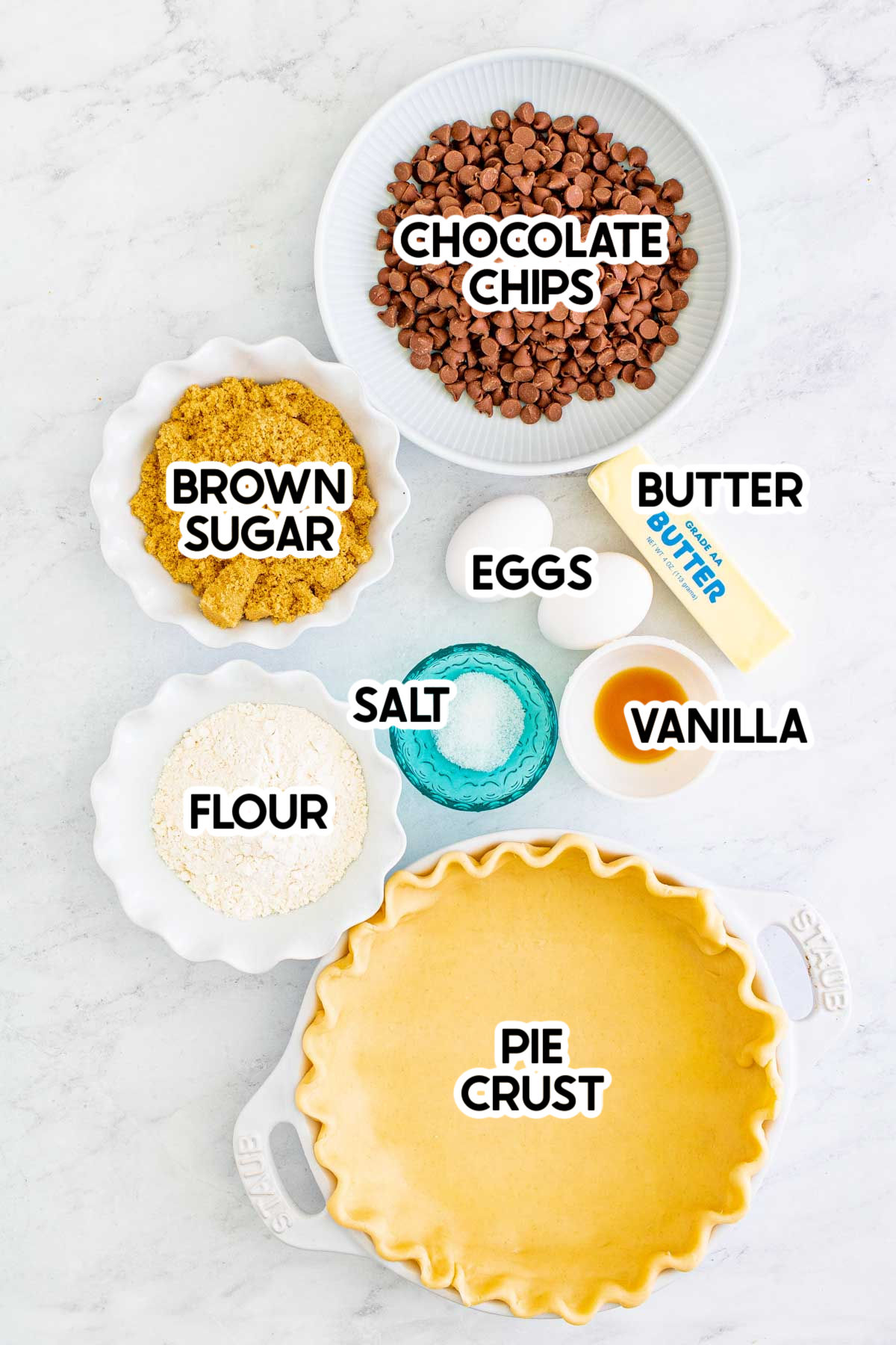ingredients for chocolate chip cookie pie with labels