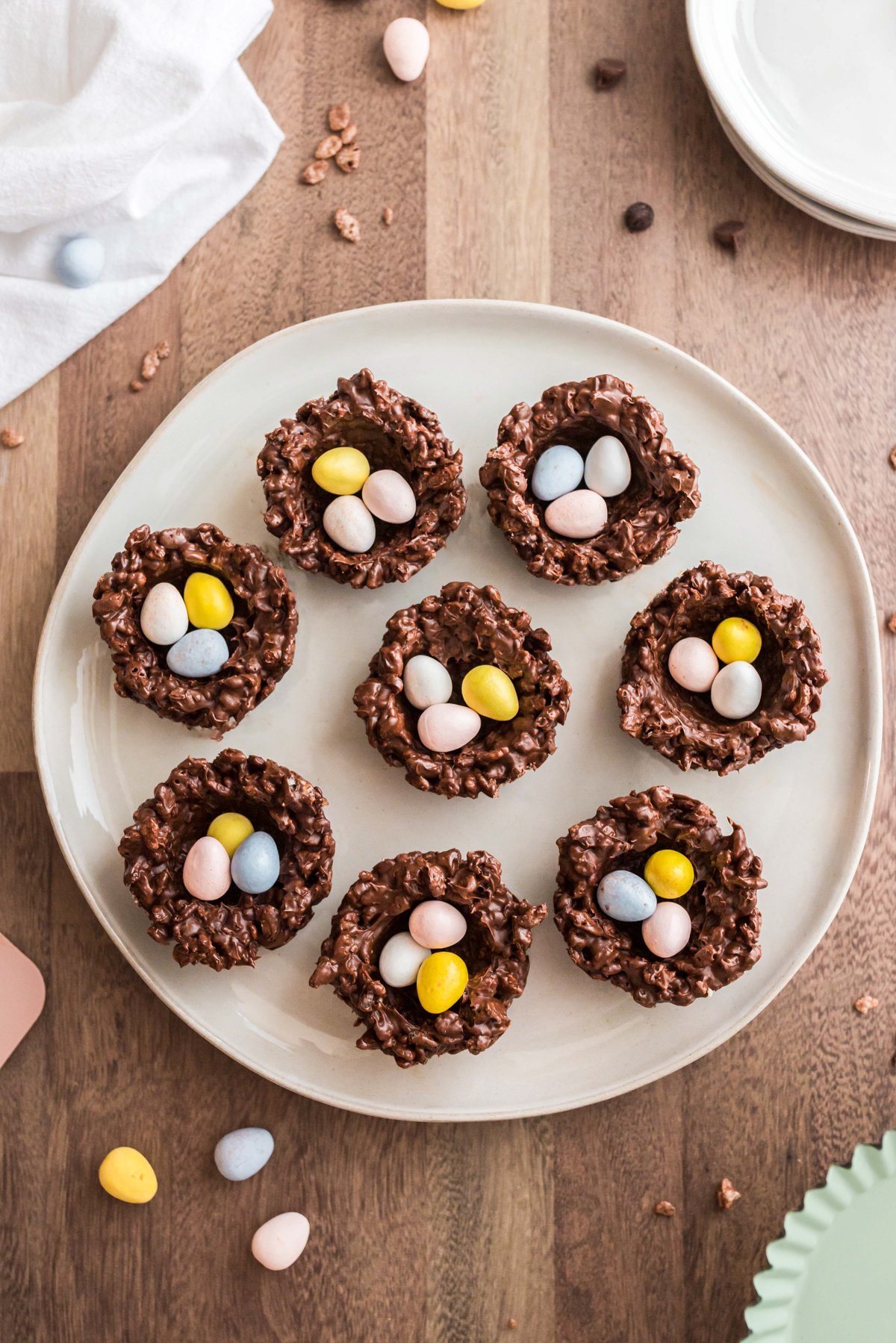 chocolate nests on a white plate