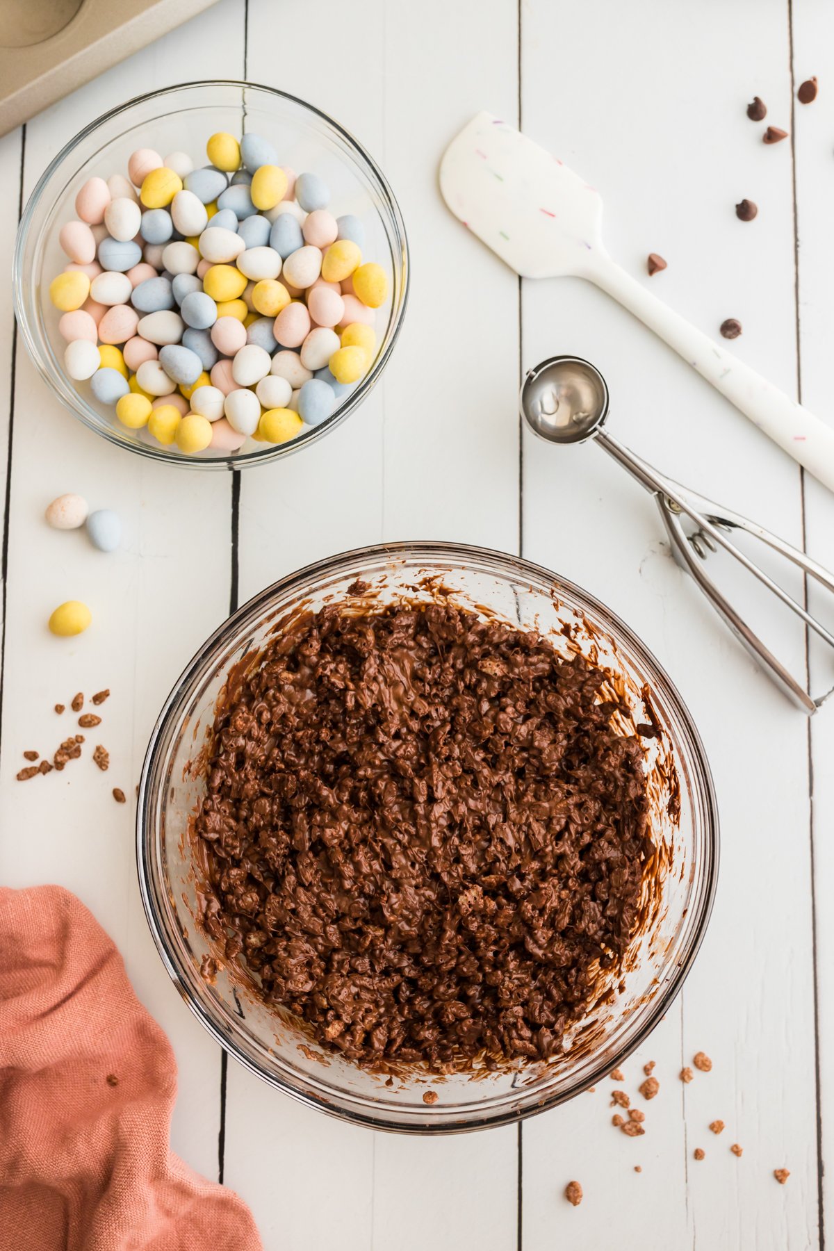 mixture for chocolate nests in a glass bowl