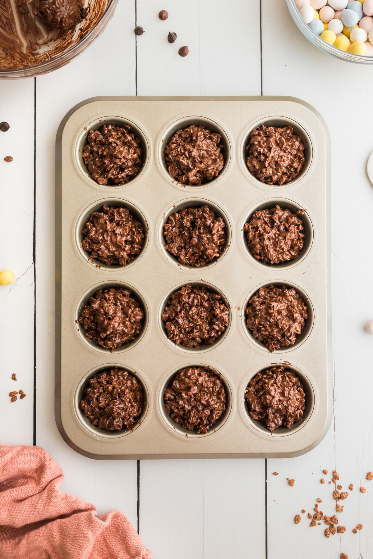 muffin tins with chocolate nests 