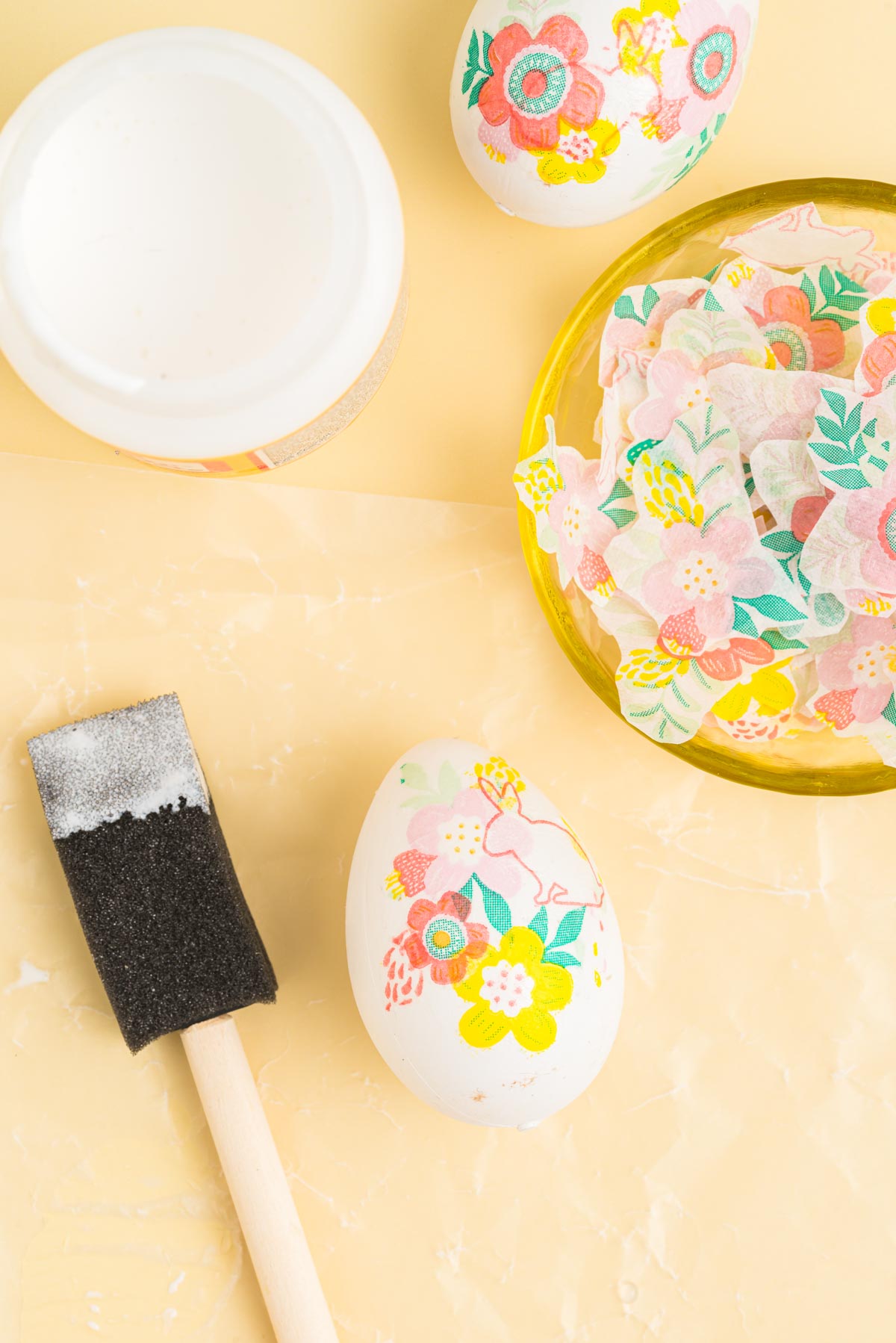 foam paint brush and a decoupage napkin egg