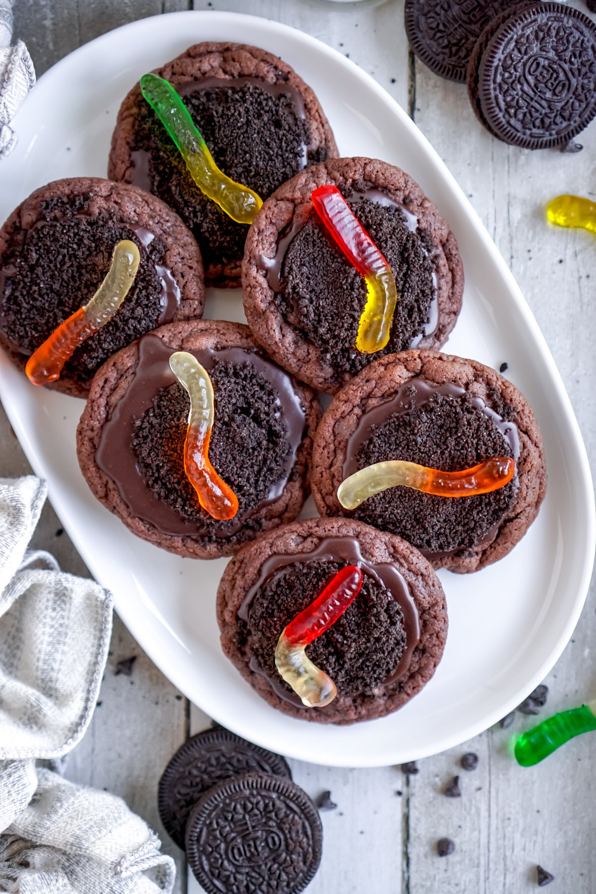 white plate full of dirt cookies with worms