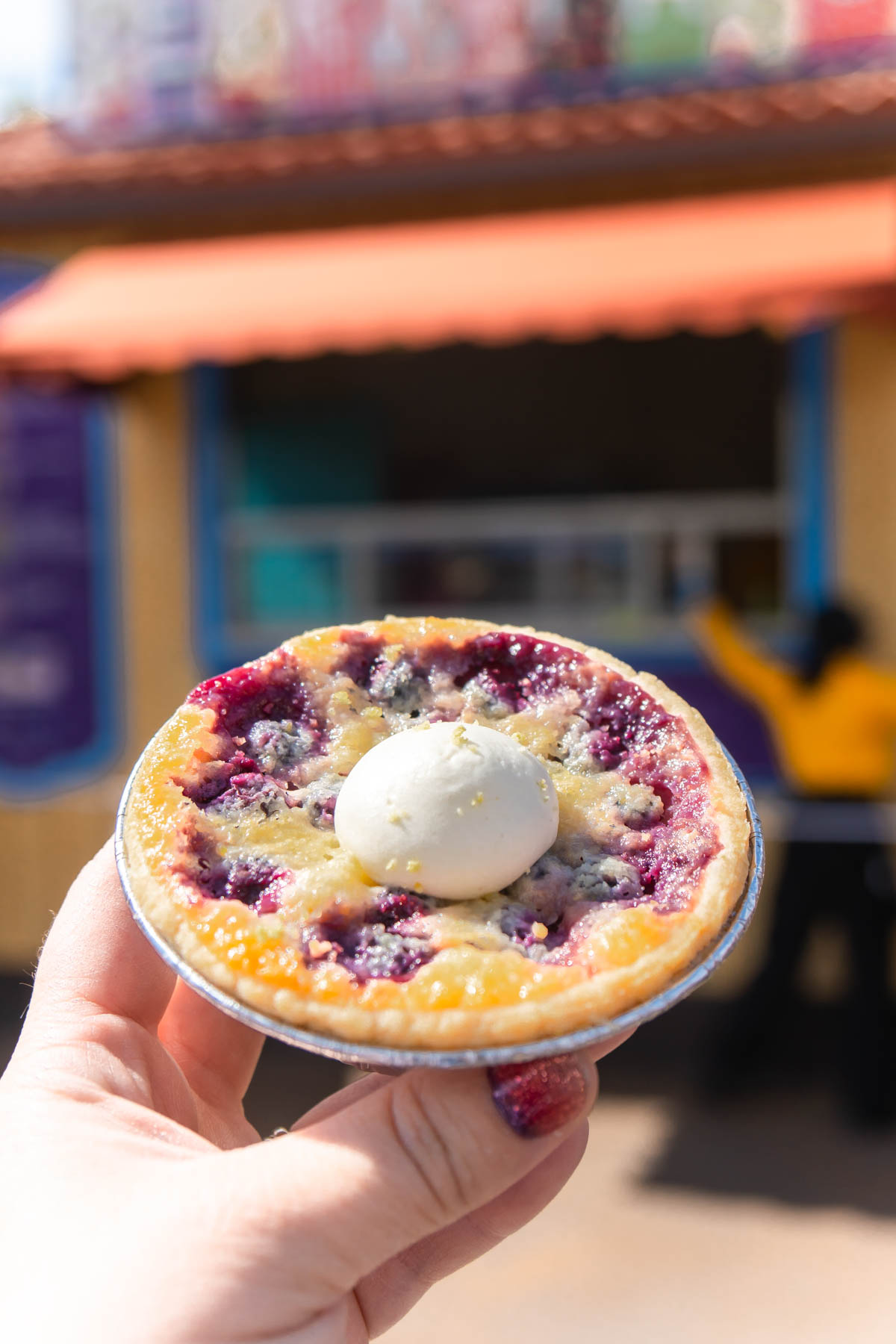 hand holding a blueberry buttermilk pie at Disneyland 