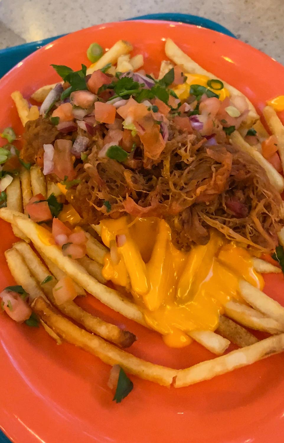 fries topped with cheese and brisket on an orange plate