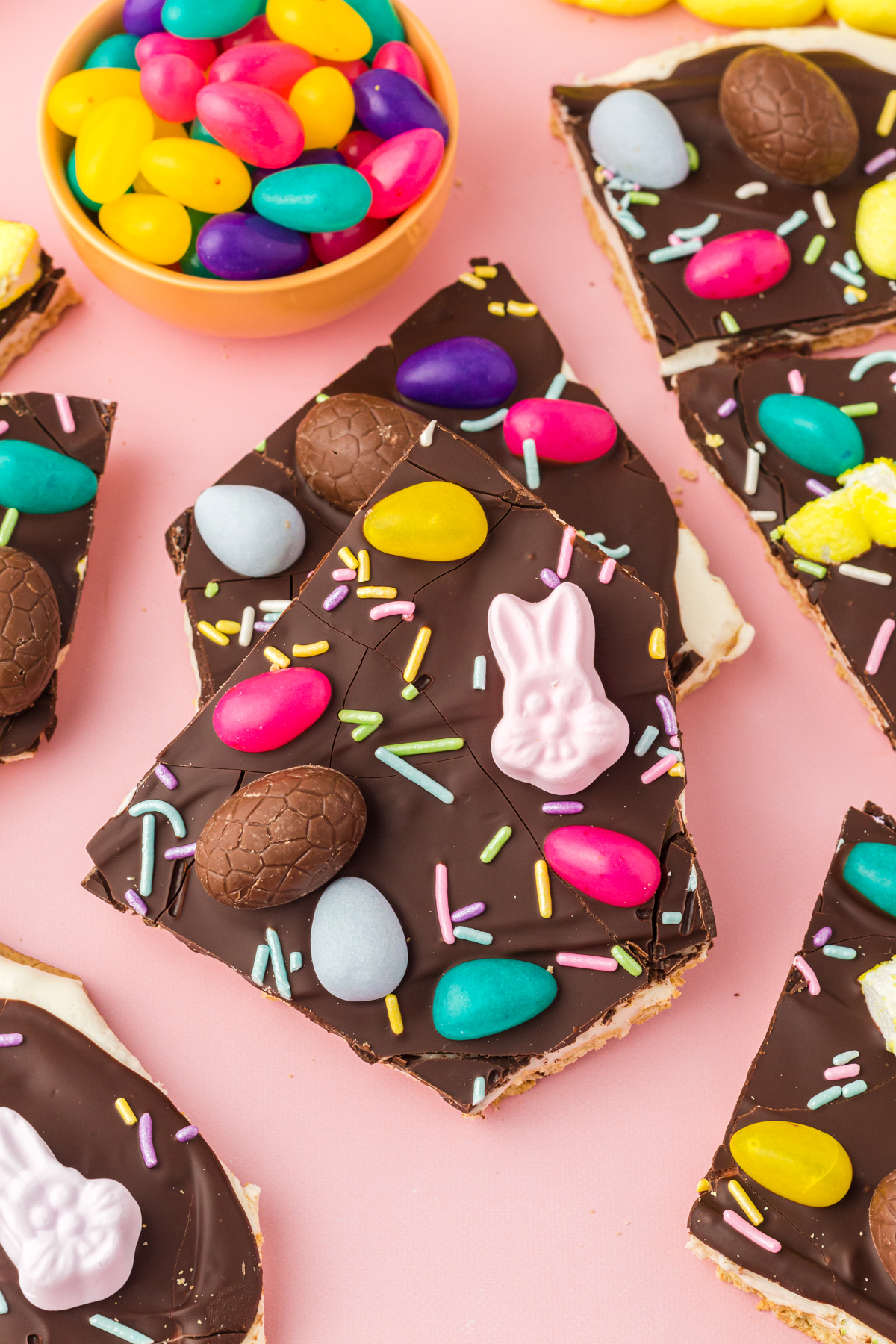piece of Easter chocolate bark with candy on top