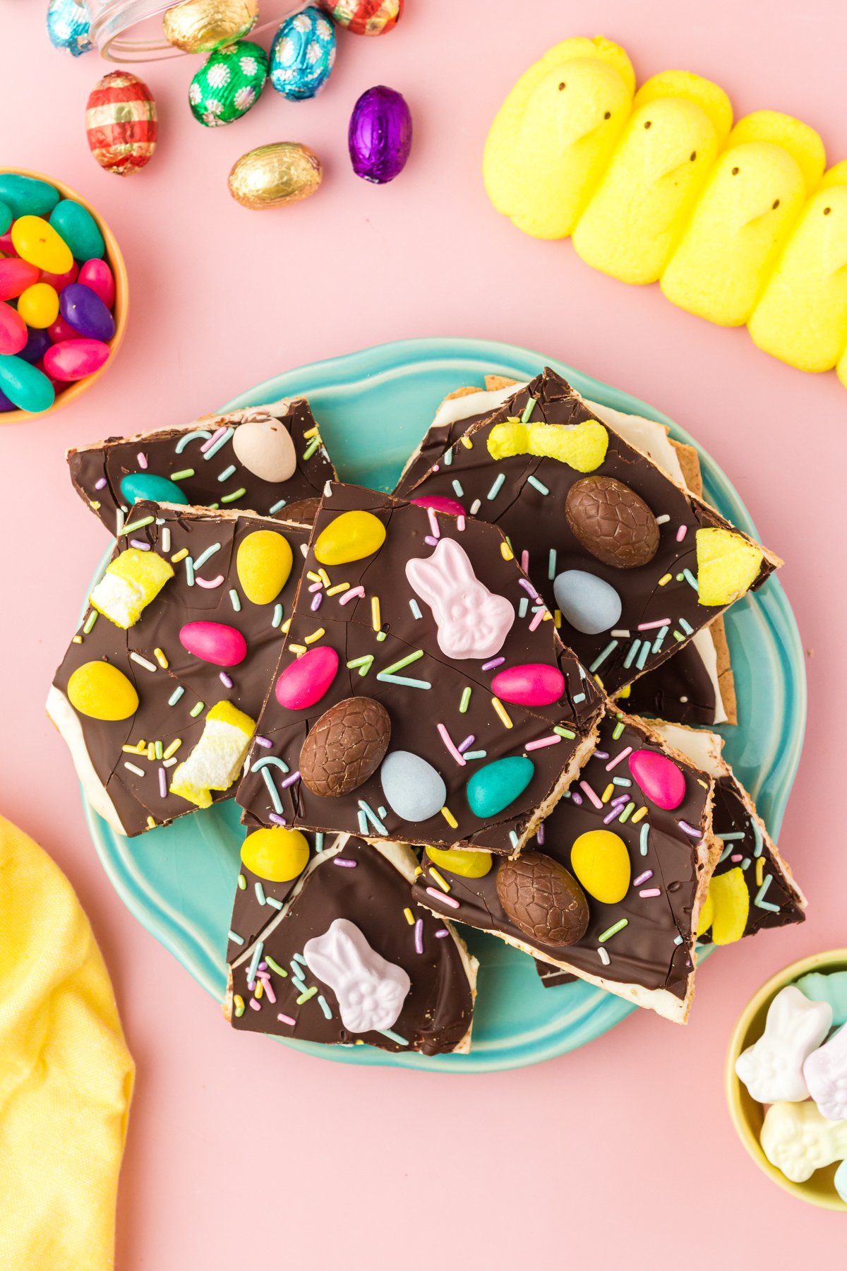 plate full of Easter chocolate bark 