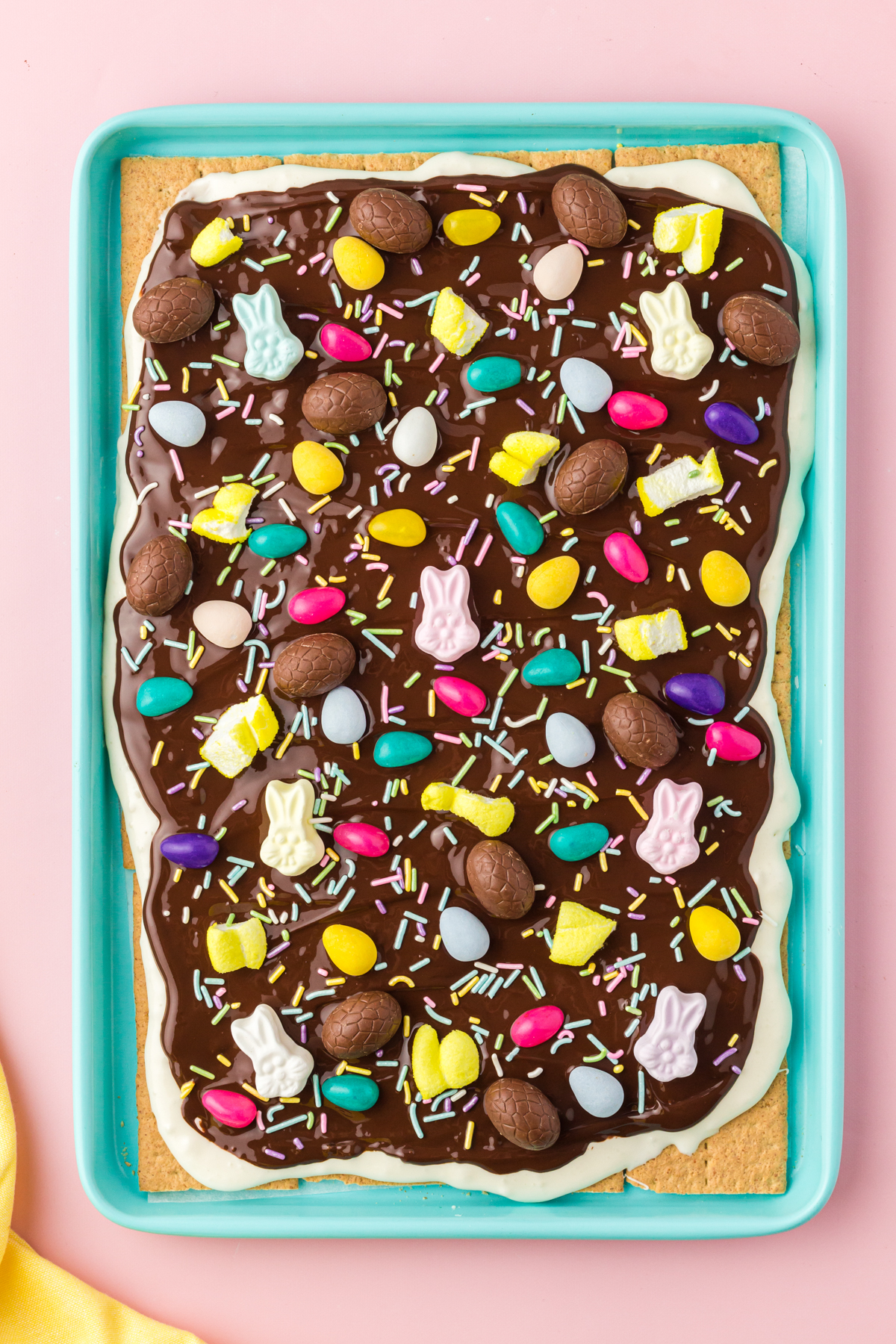 chocolate bark topped with Easter candies