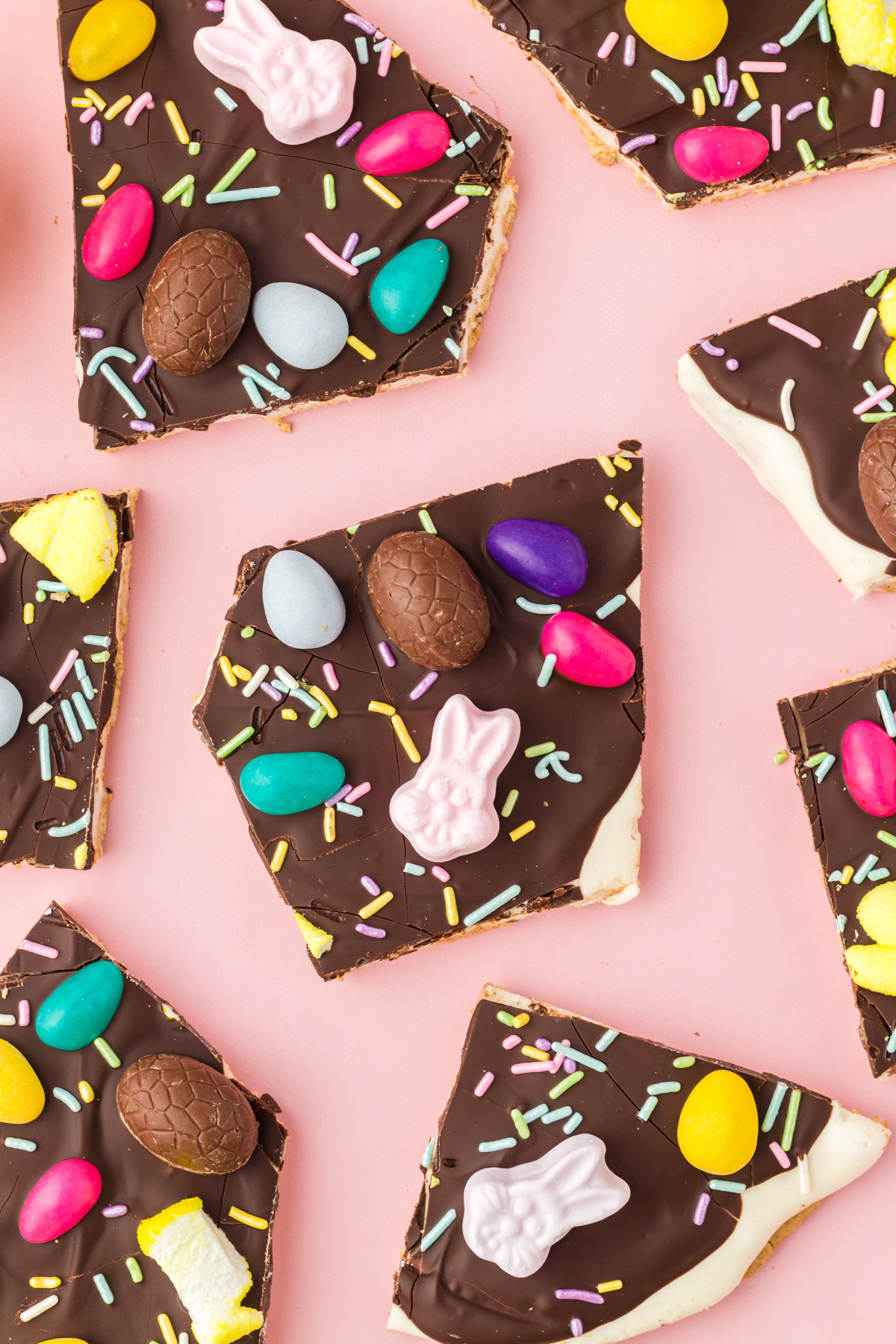 Easter chocolate bark pieces with Easter candy