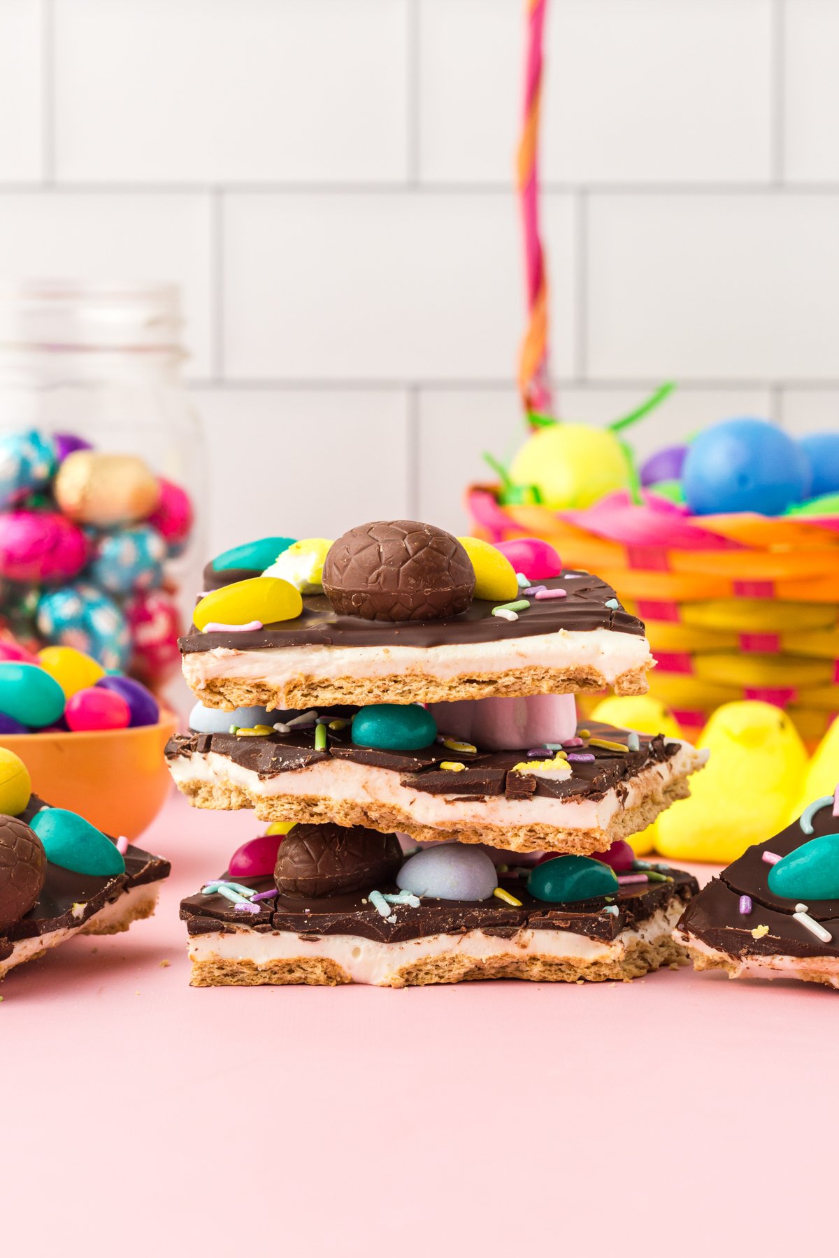 three pieces of chocolate bark on top of each other