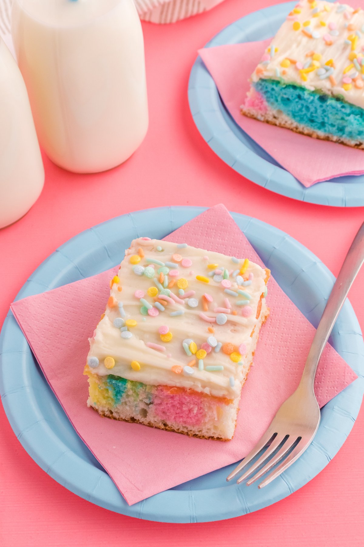 a piece of Easter cake on a blue plate