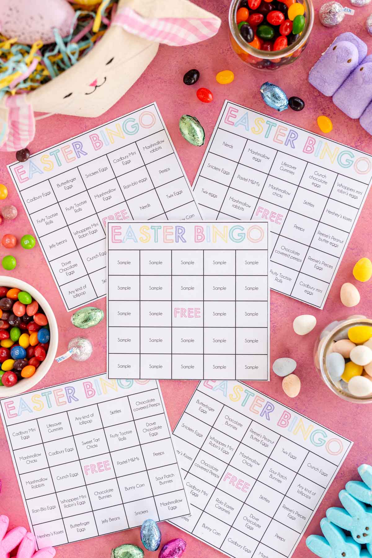 Easter candy bingo cards laid on out on a table