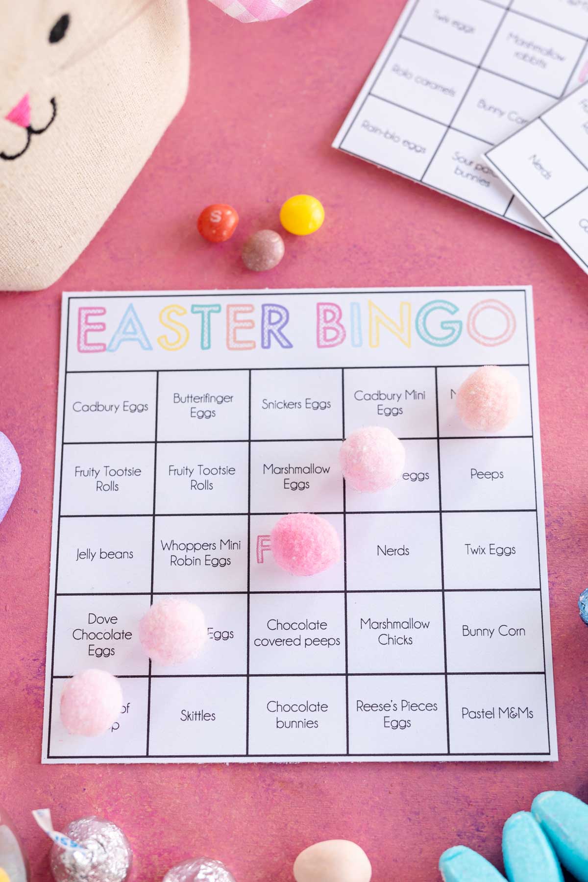 Easter candy bingo with five across diagonally