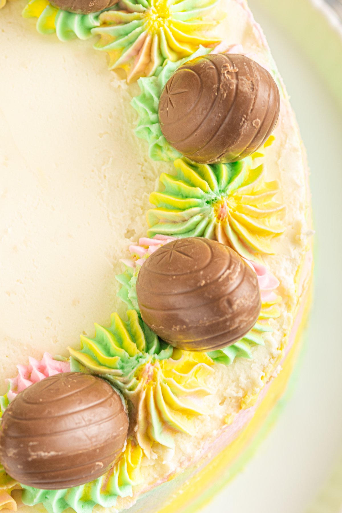 top of Easter egg cake with chocolate eggs on top
