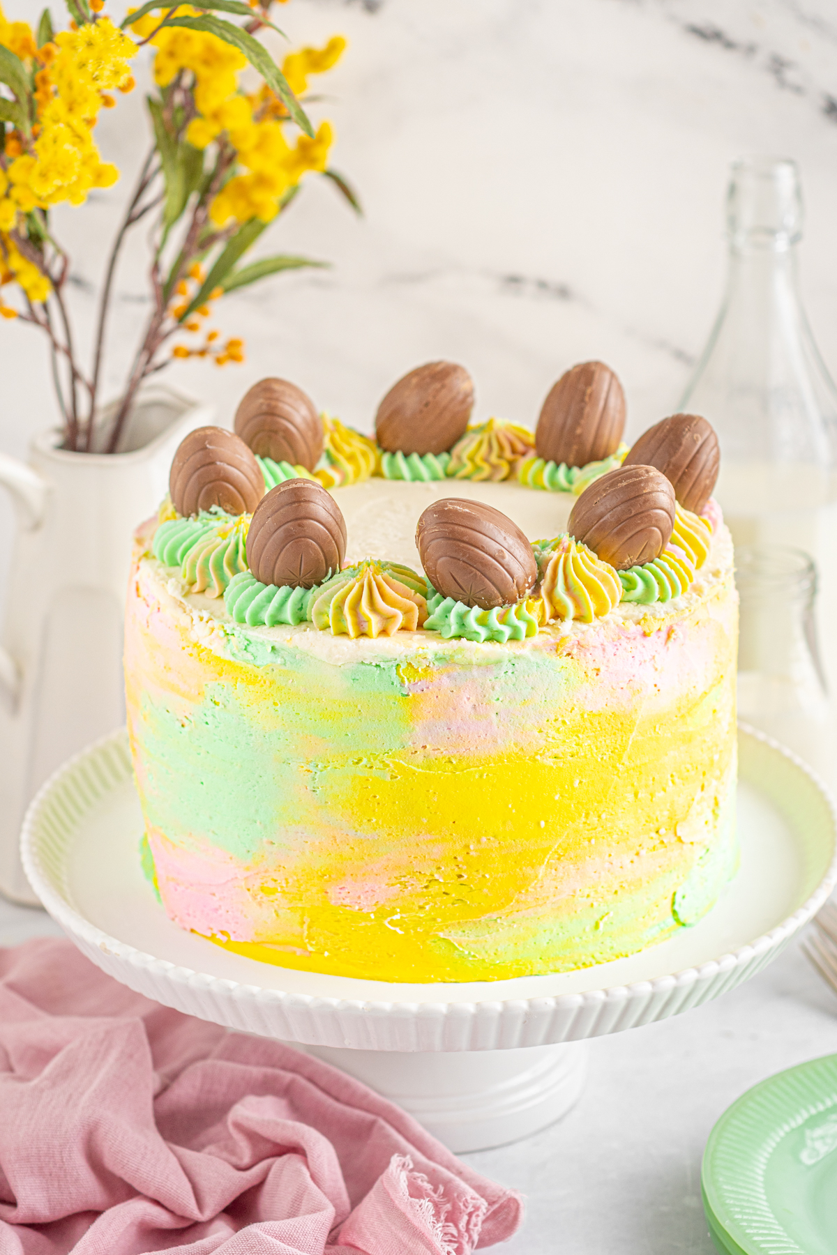 Easter egg cake on a cake stand