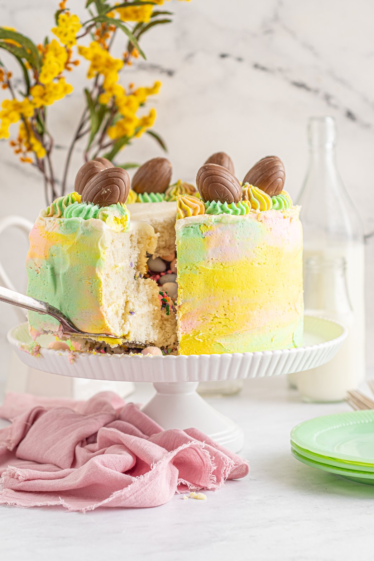 slice of cake in an Easter egg cake