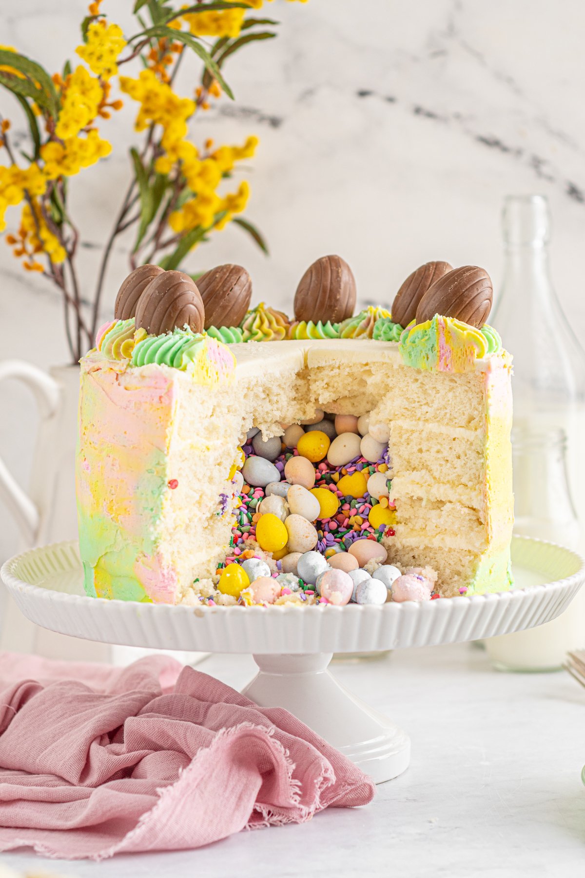 Easter egg cake on a cake plate