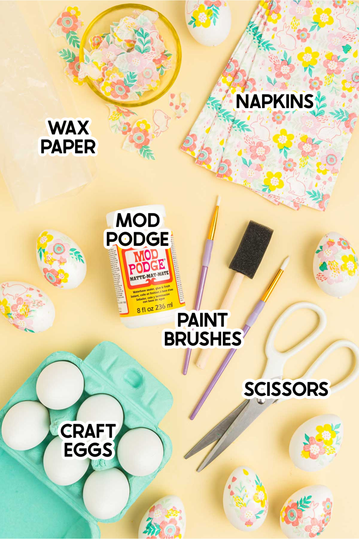 supplies needed for napkin decoupage eggs 