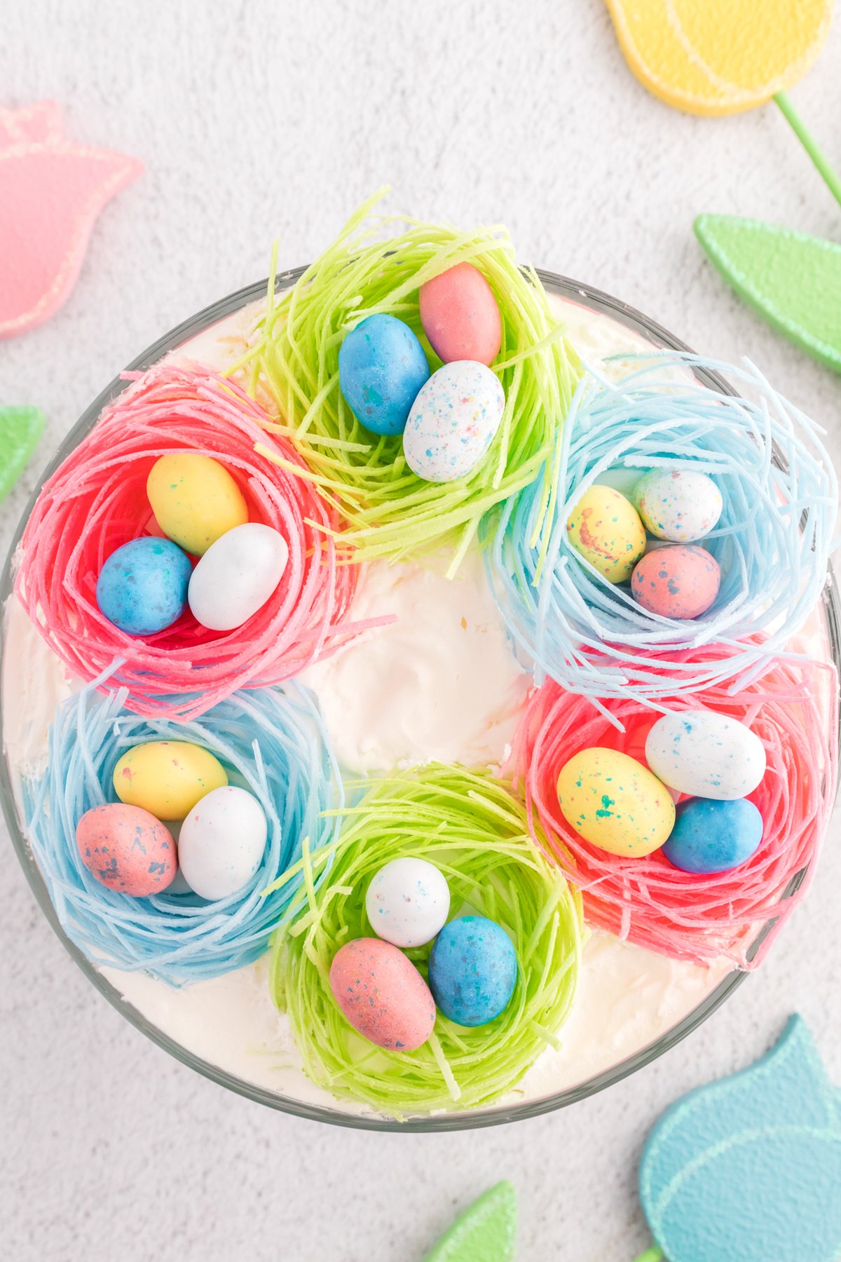 candy nests on top of an Easter trifle