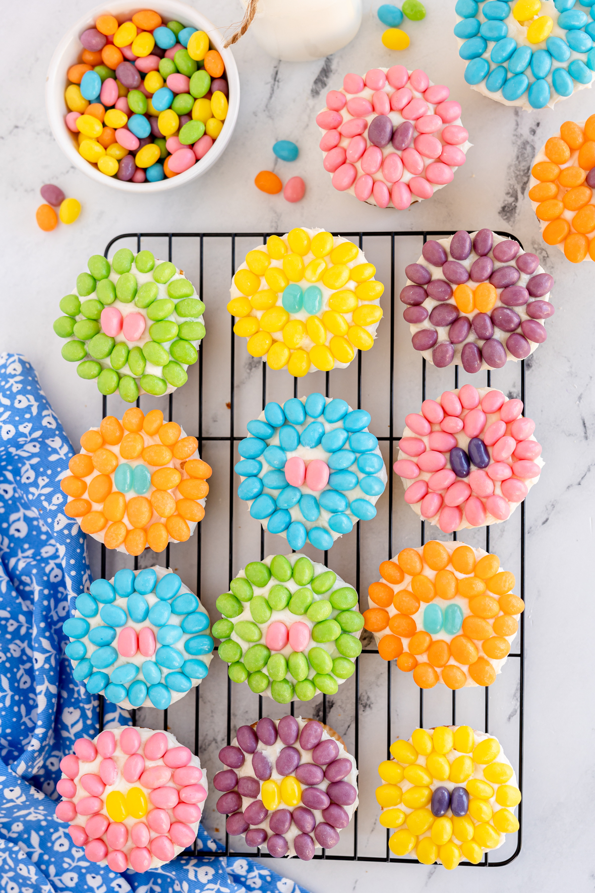 flower cupcakes on metal cooling rack