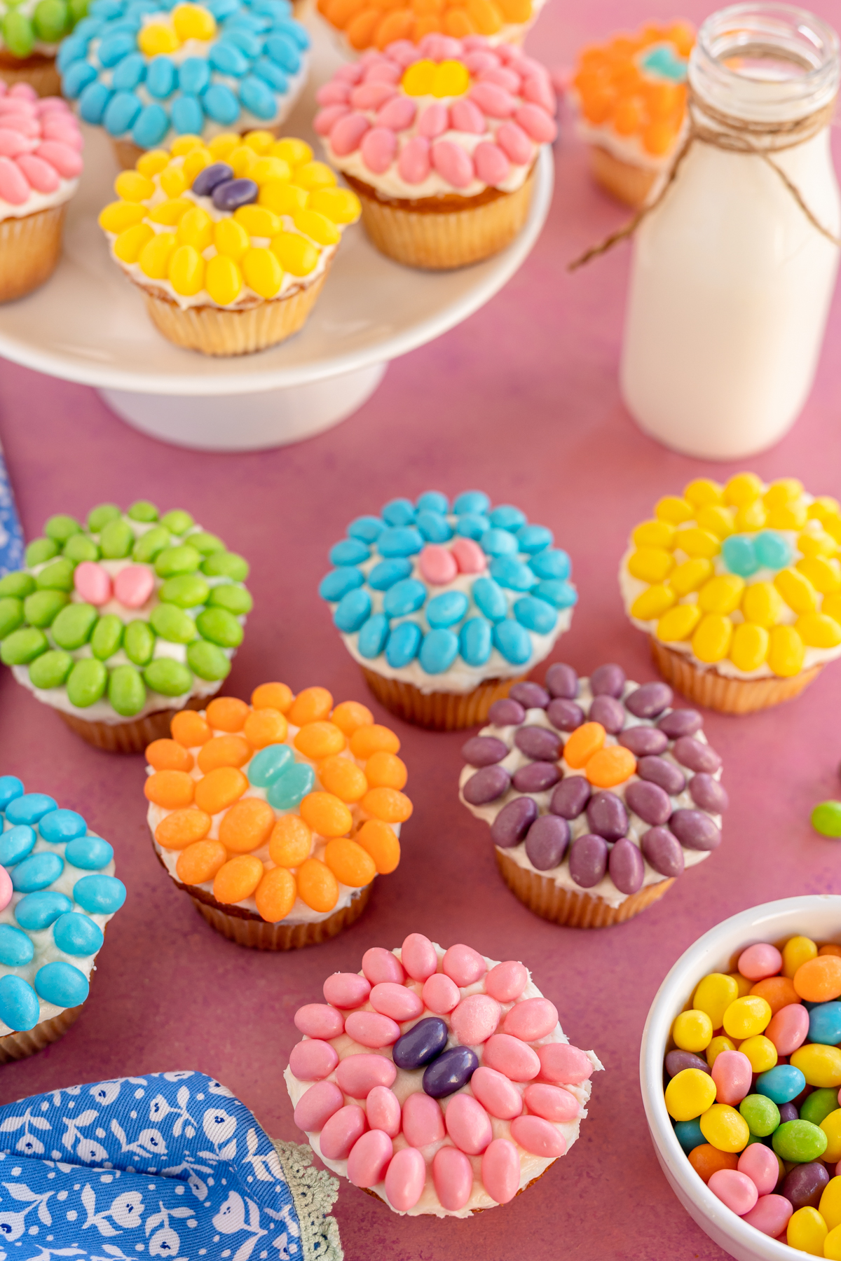 flower cupcakes on a pink background