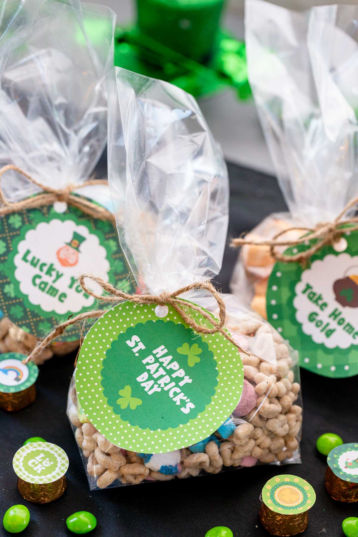 Lucky charms in a bag with a St. Patrick's Day tag