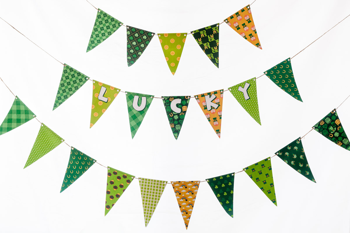 free printable St. Patrick's Day bunting hanging on a wall