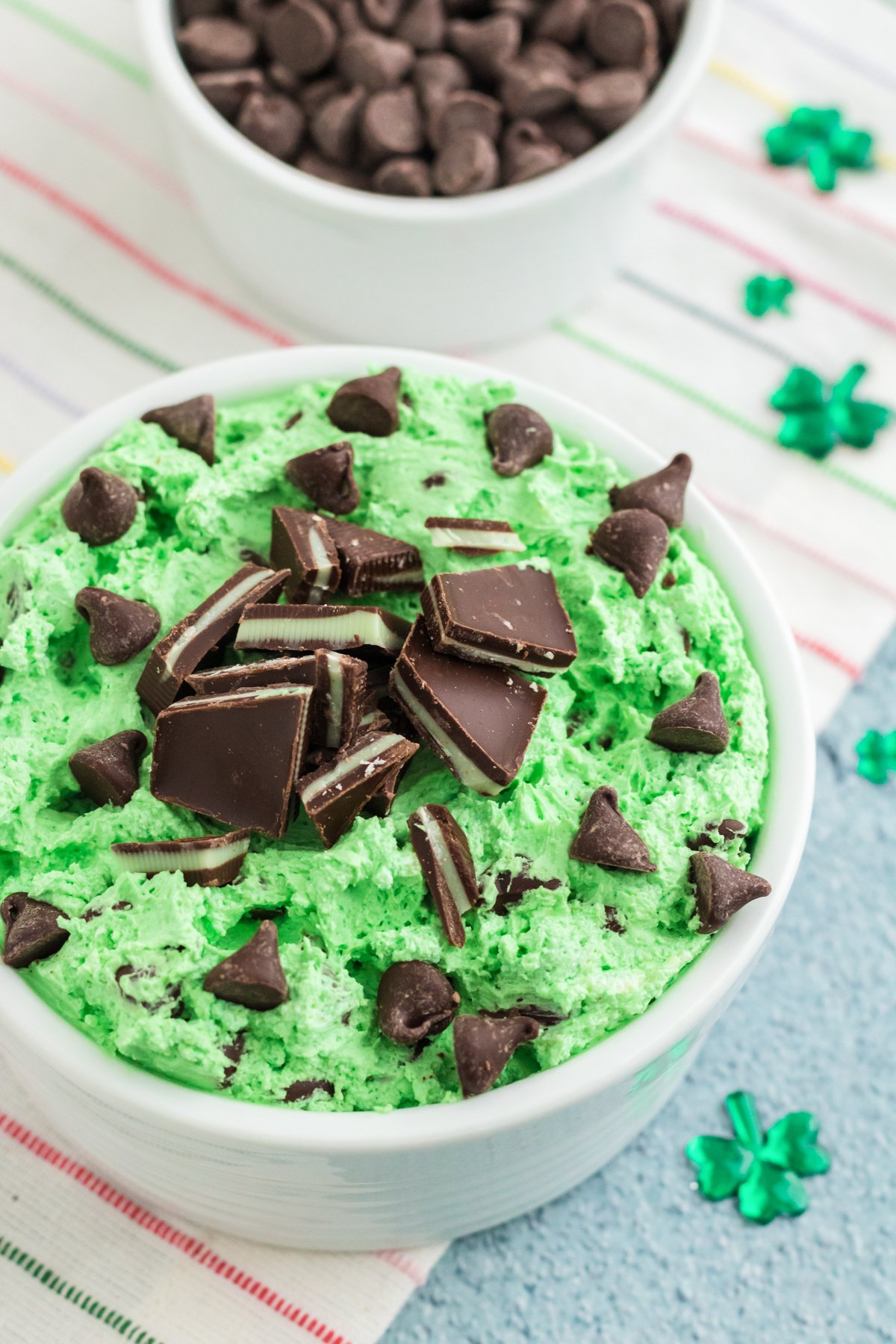 grasshopper dessert dip topped with Andes Mints