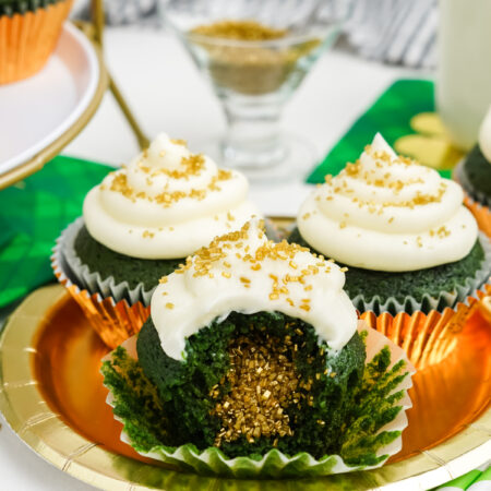 Green velvet. cupcakes with gold glitter inside