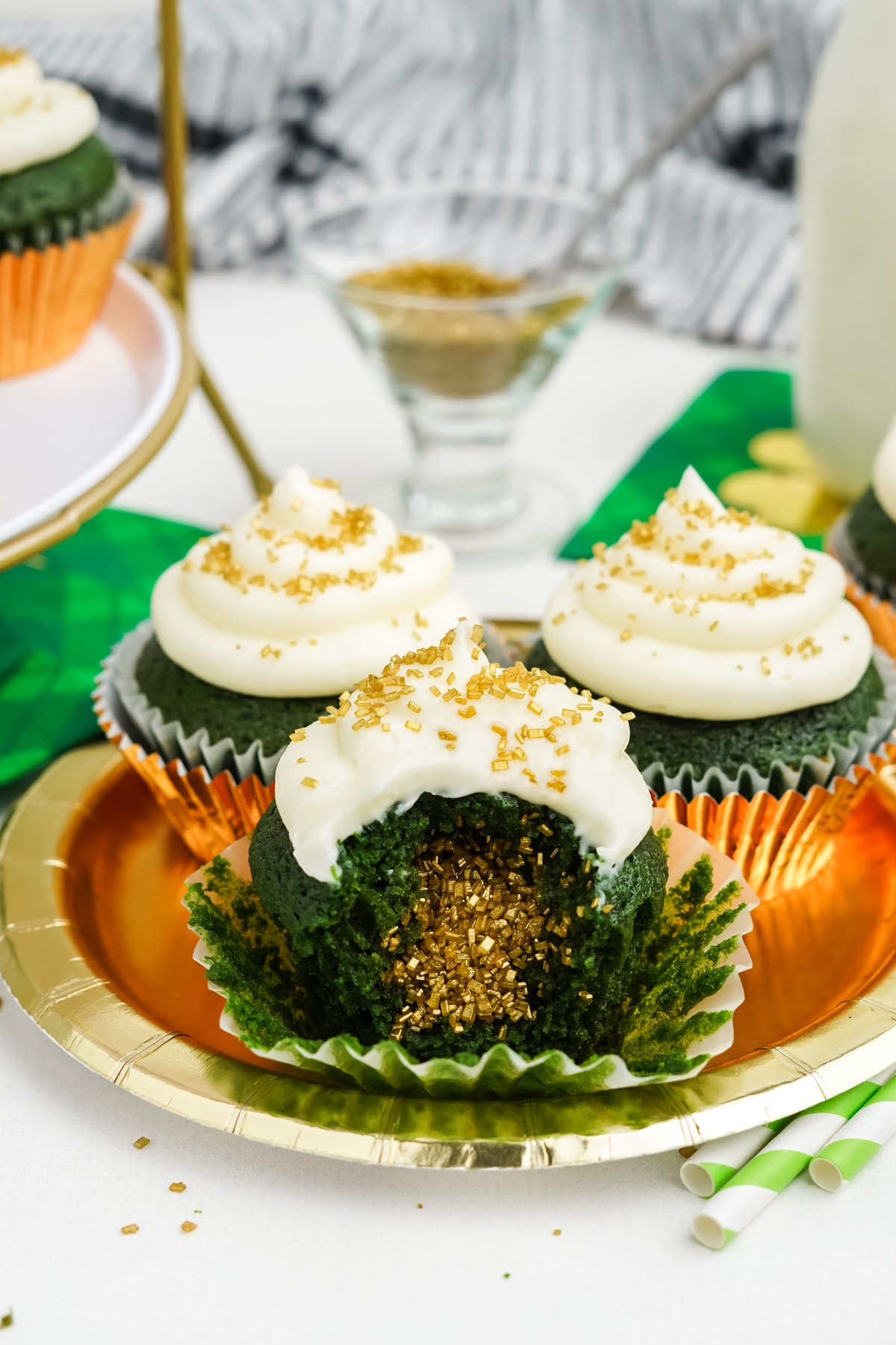 Green velvet. cupcakes with gold glitter inside