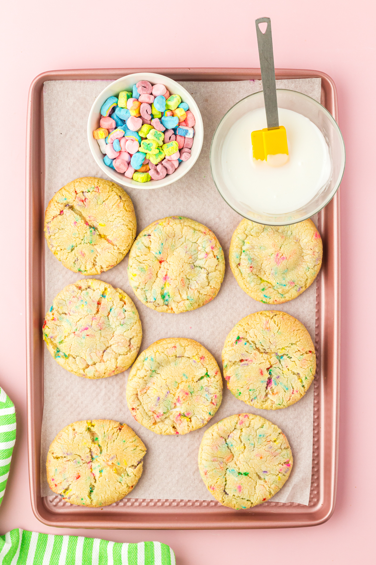 baking sheet with baked Lucky Charms cookies