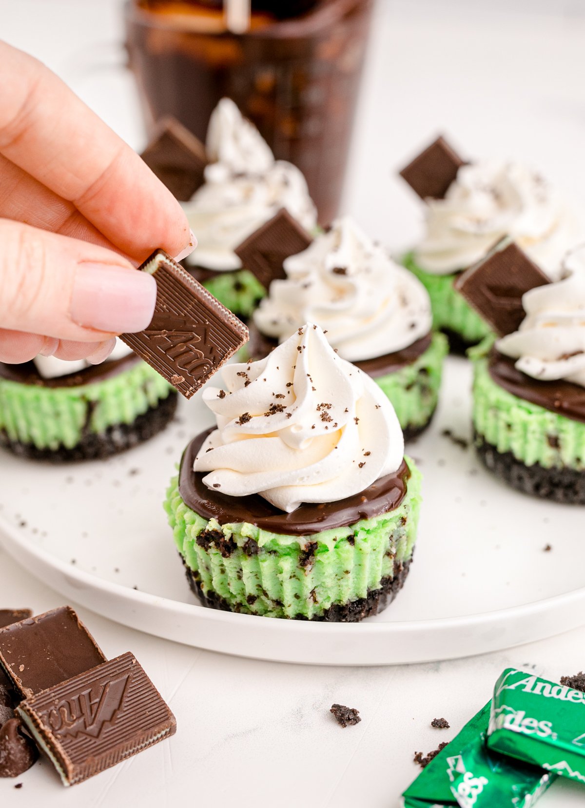 adding an Andes Mint to mint chocolate cheesecake