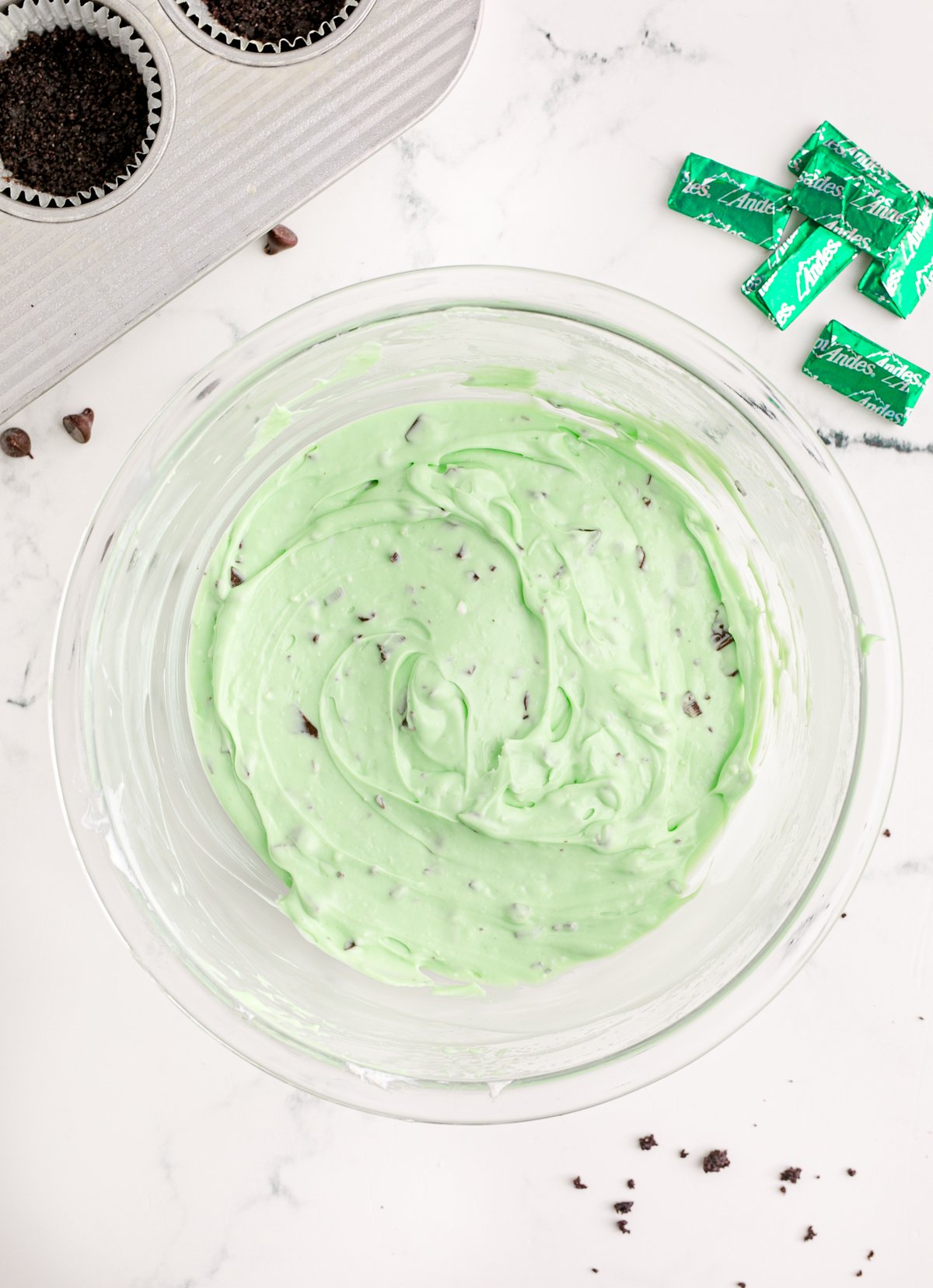 mint cheesecake mixture in a glass bowl