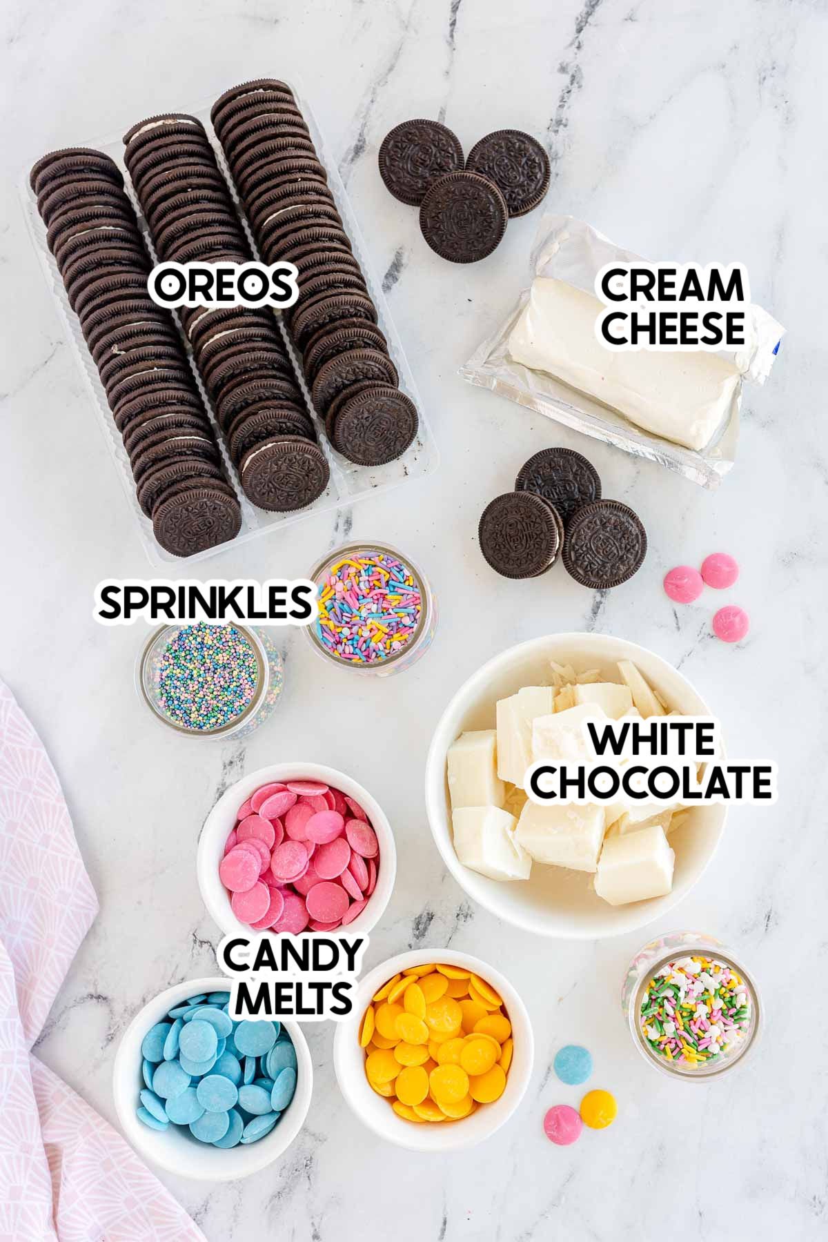 ingredients for Oreo Easter egg truffles with labels