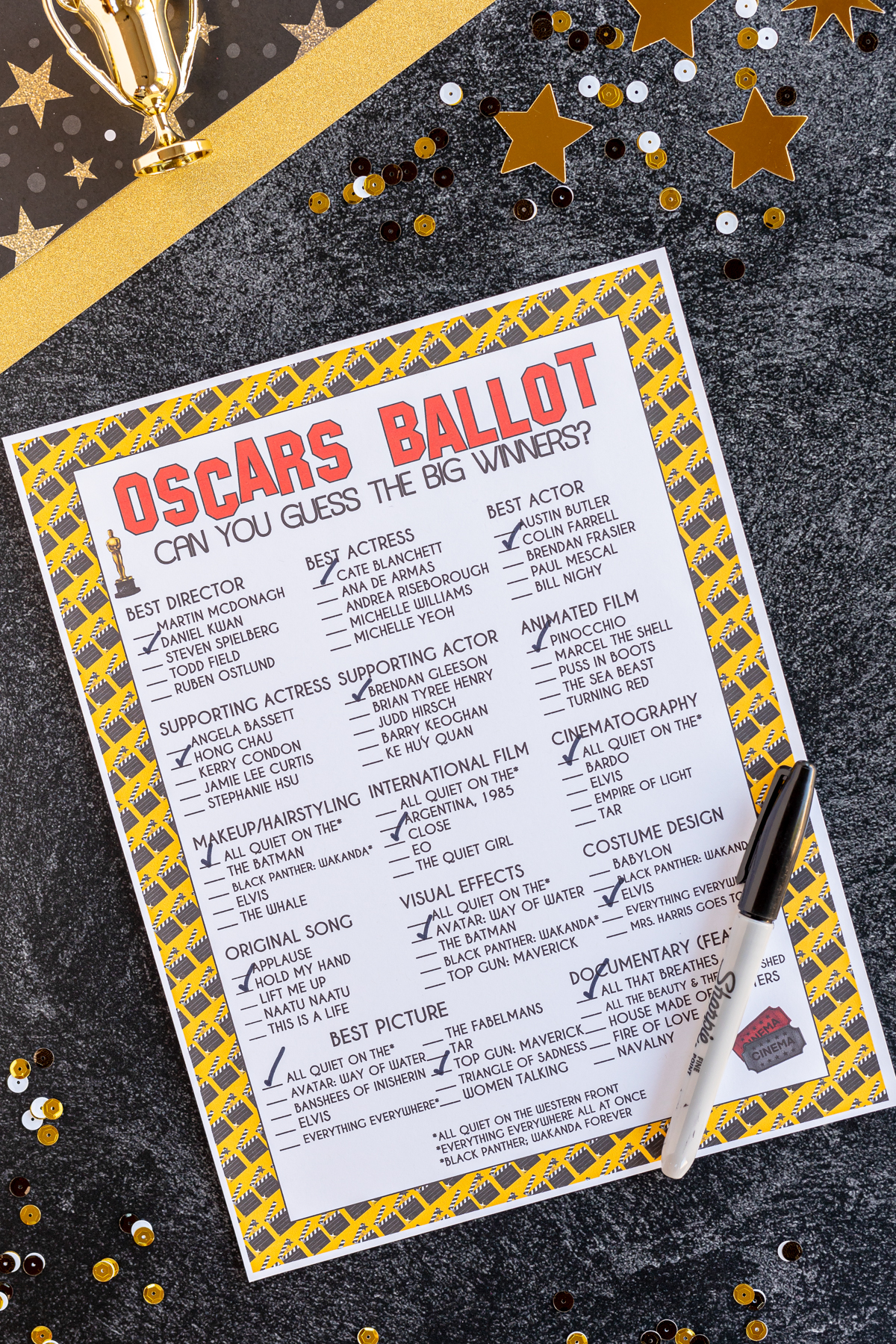 Oscar nominees printable list with guesses checked off