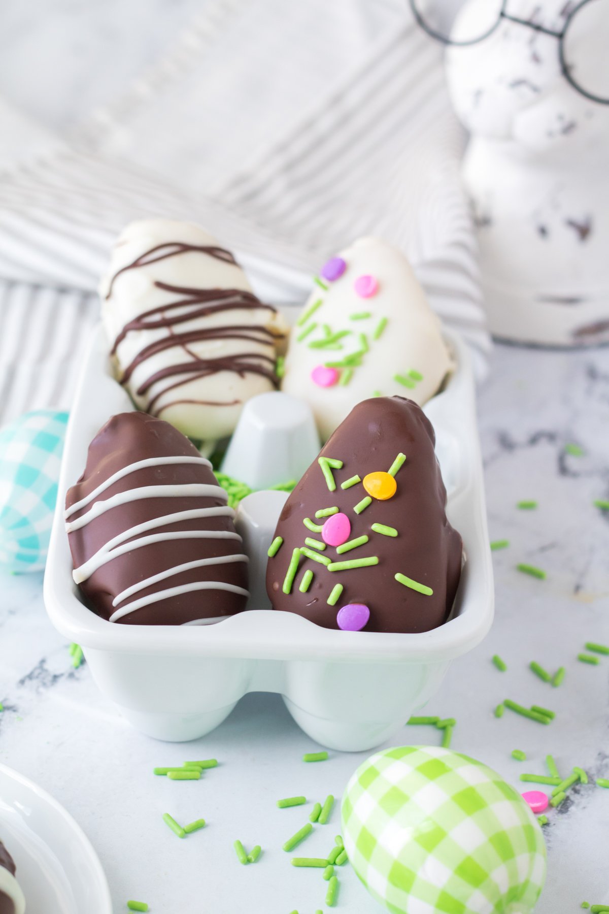 homemade peanut butter eggs in an egg dish