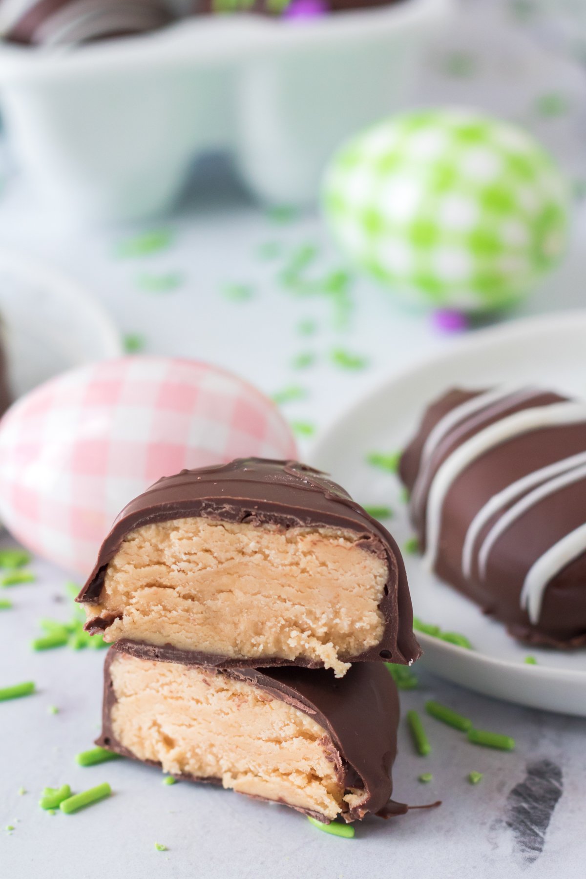 chocolate peanut butter eggs cut in half