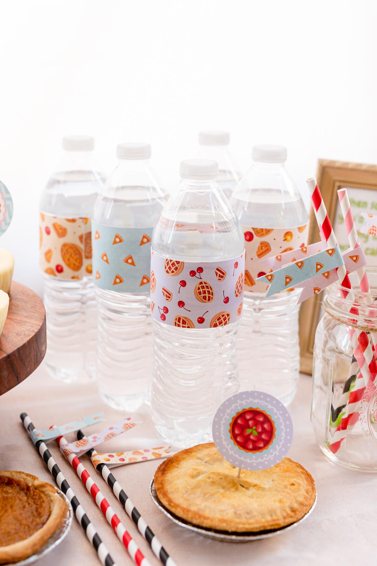 water bottles with pie labels on them