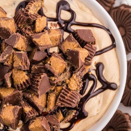 Reese's peanut butter dip drizzled with chocolate