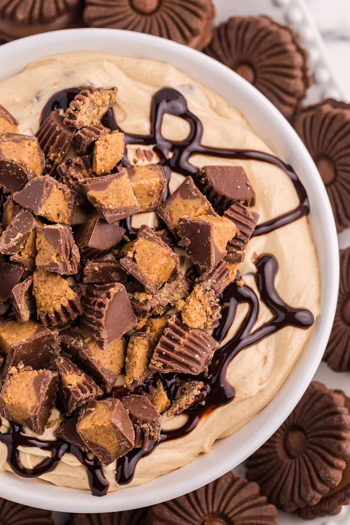Reese's peanut butter dip drizzled with chocolate