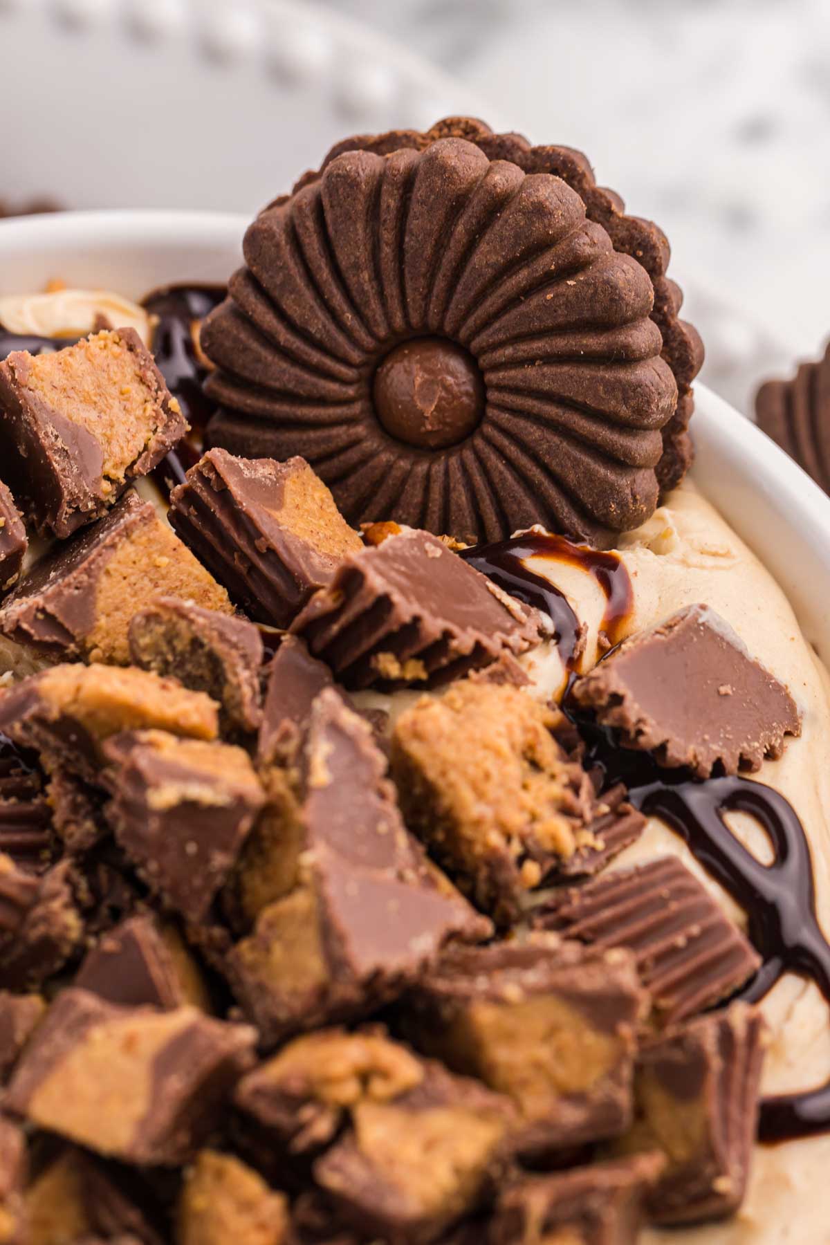 chocolate cookie in a Reese's peanut butter dip