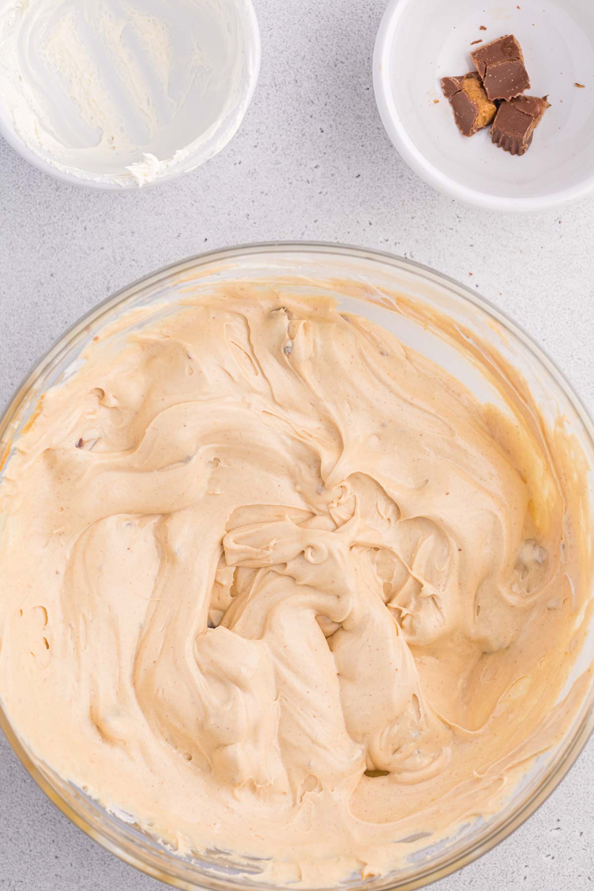 Reese's peanut butter dip in a glass bowl