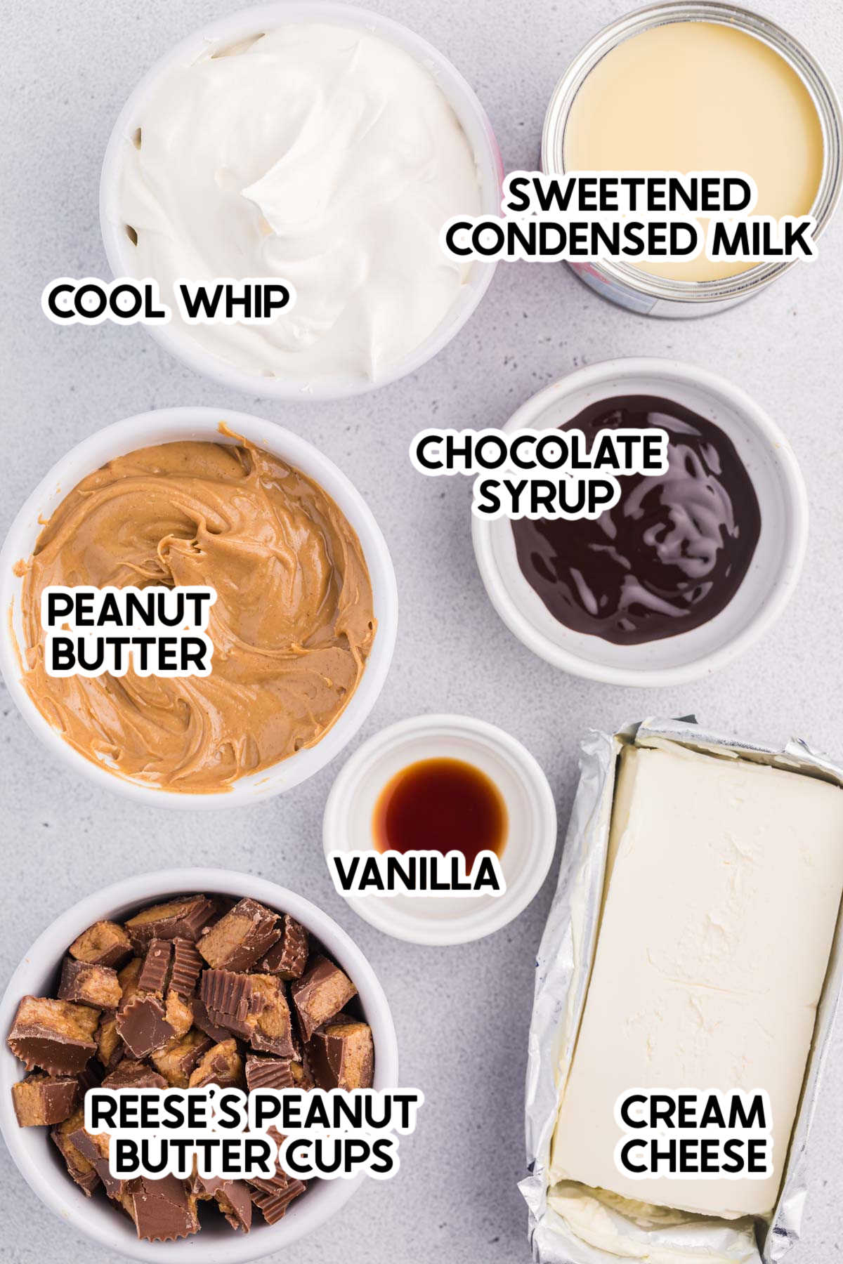 ingredients for Reese's peanut butter dip with labels