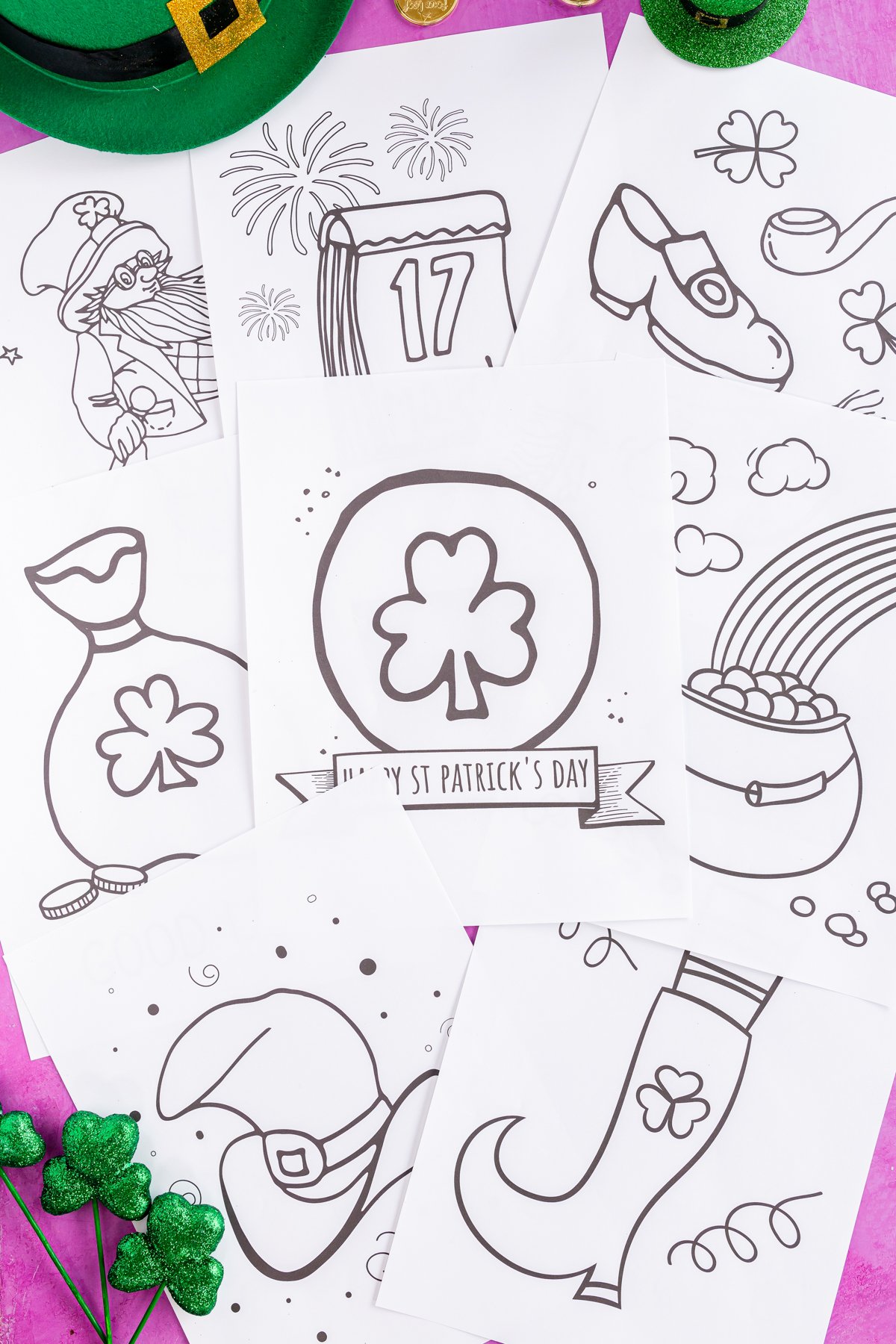 uncolored St. Patrick's Day coloring pages in a pile