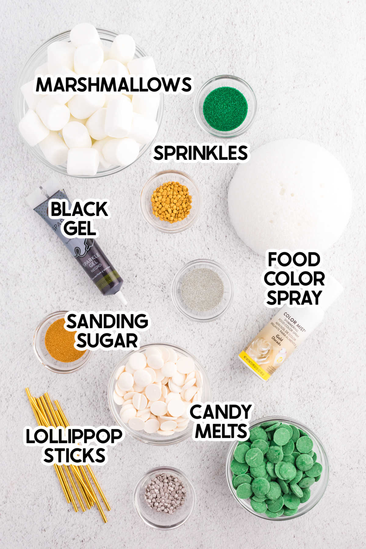 ingredients for St. Patrick's Day marshmallow pops with labels