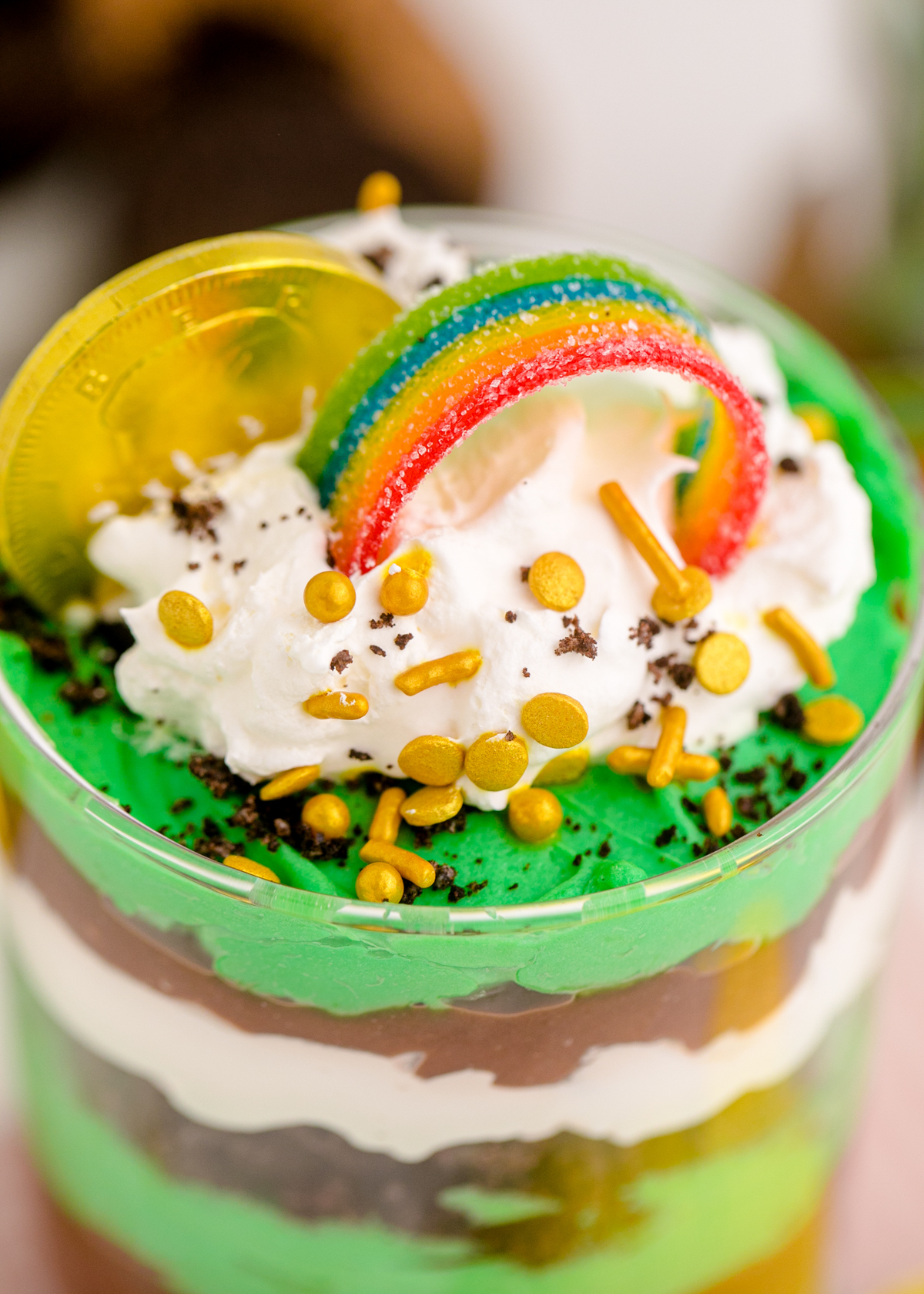 airhead rainbow on top of a St. Patrick's Day pudding cup