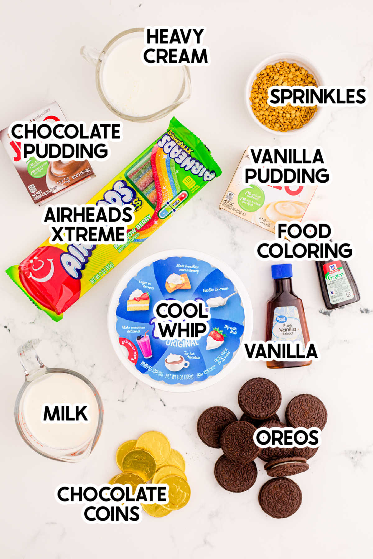 ingredients for St. Patrick's Day pudding cups with labels