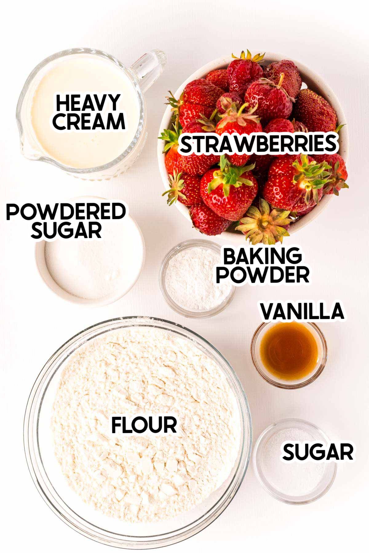 ingredients for strawberry shortcake with labels
