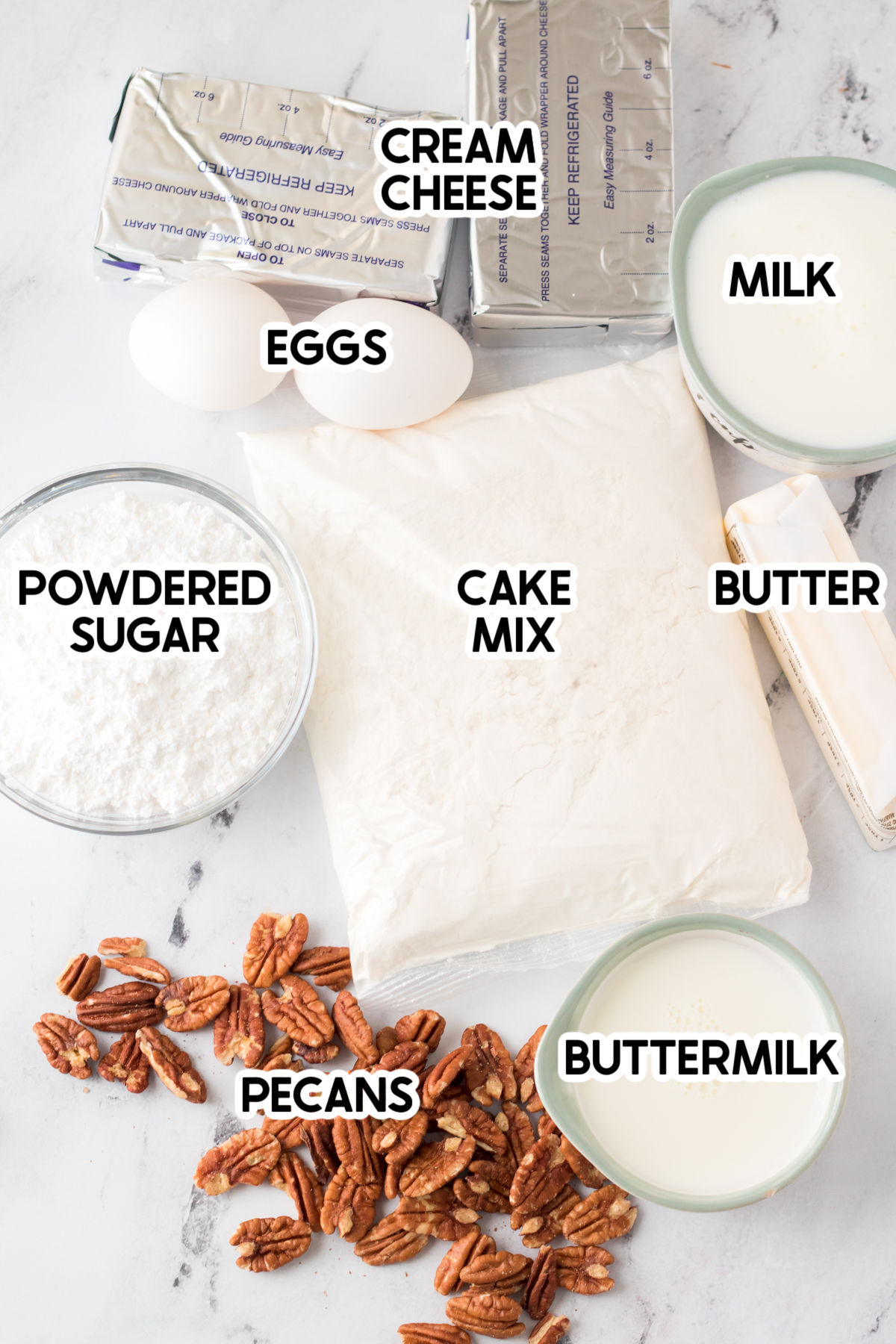 ingredients for Kentucky butter cake with labels