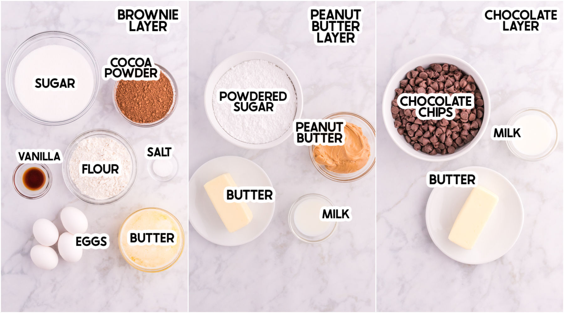 ingredients in peanut butter brownies with labels